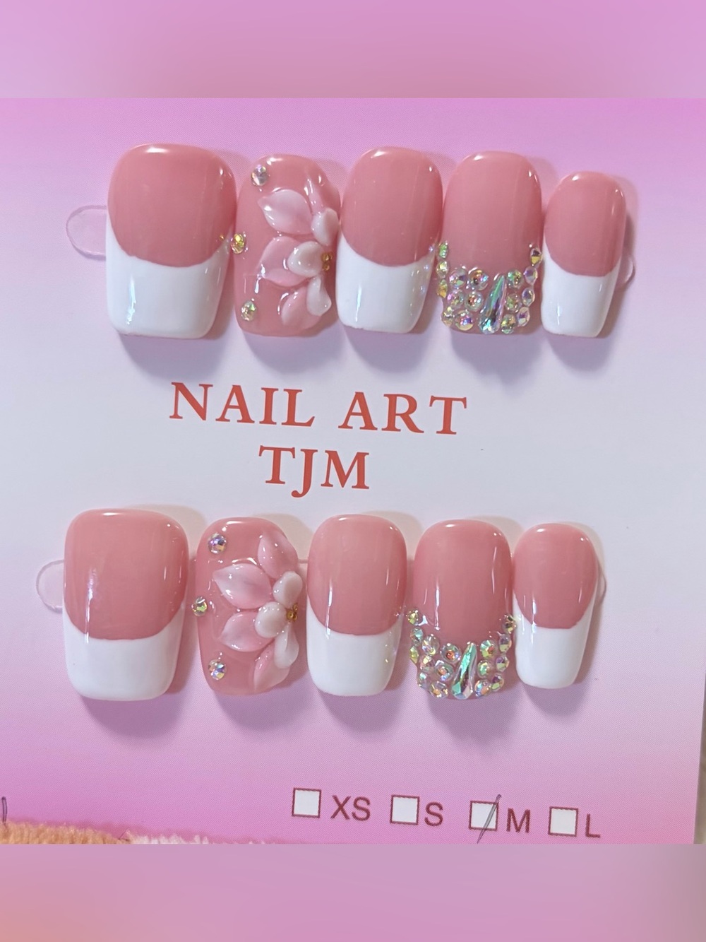 Pink French Tip Nail Art Set with Floral and Rhinestone Accents